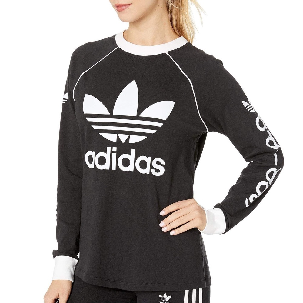 Adidas Trefoil Logo White Contrast Black Cotton Long Sleeves Top Women's Size XS